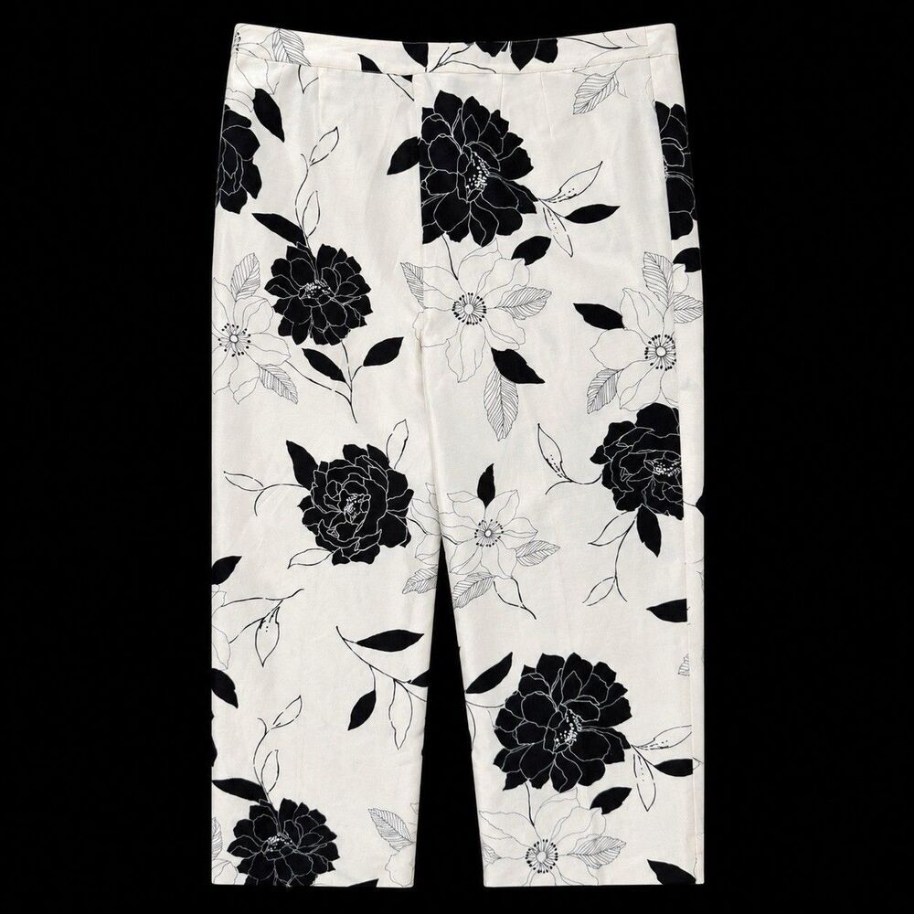 Kate Hill Silk & Linen Black White Floral Straight Leg Trouser Pants Women Sz 8 - Picture 6 of 7